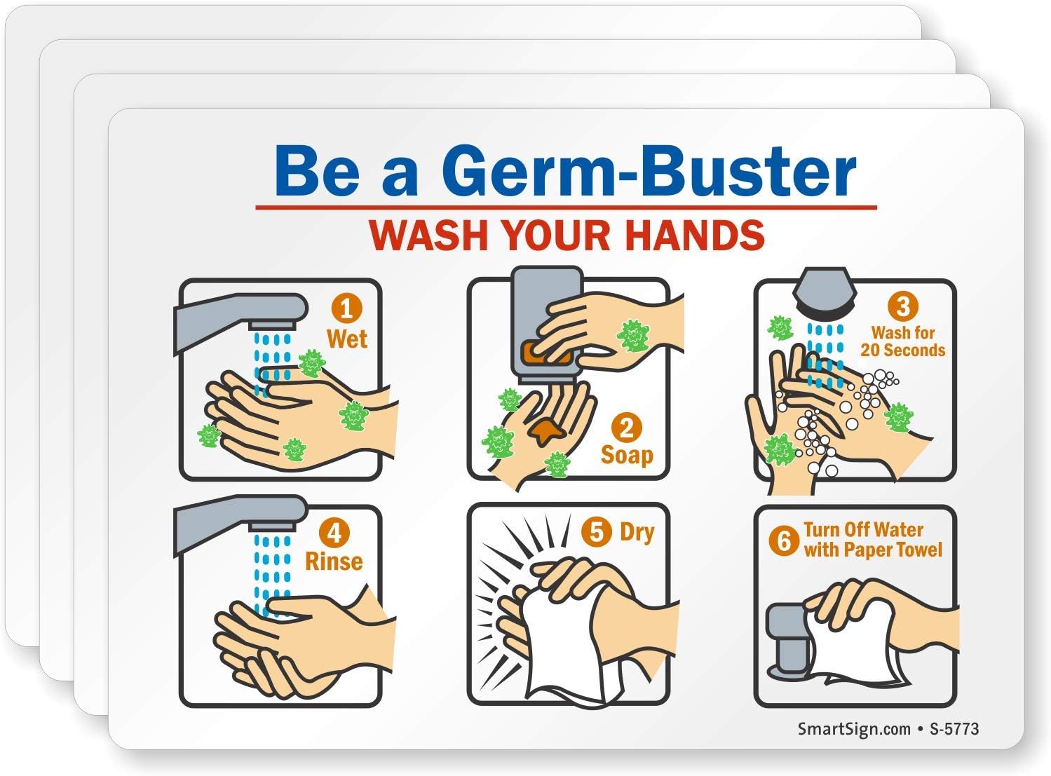 SmartSign “Be A Germ-Buster - Wash Your Hands" Hand Washing Label | 3.5" x 5" Laminated Vinyl Sticker, Pack of 4, Made in USA