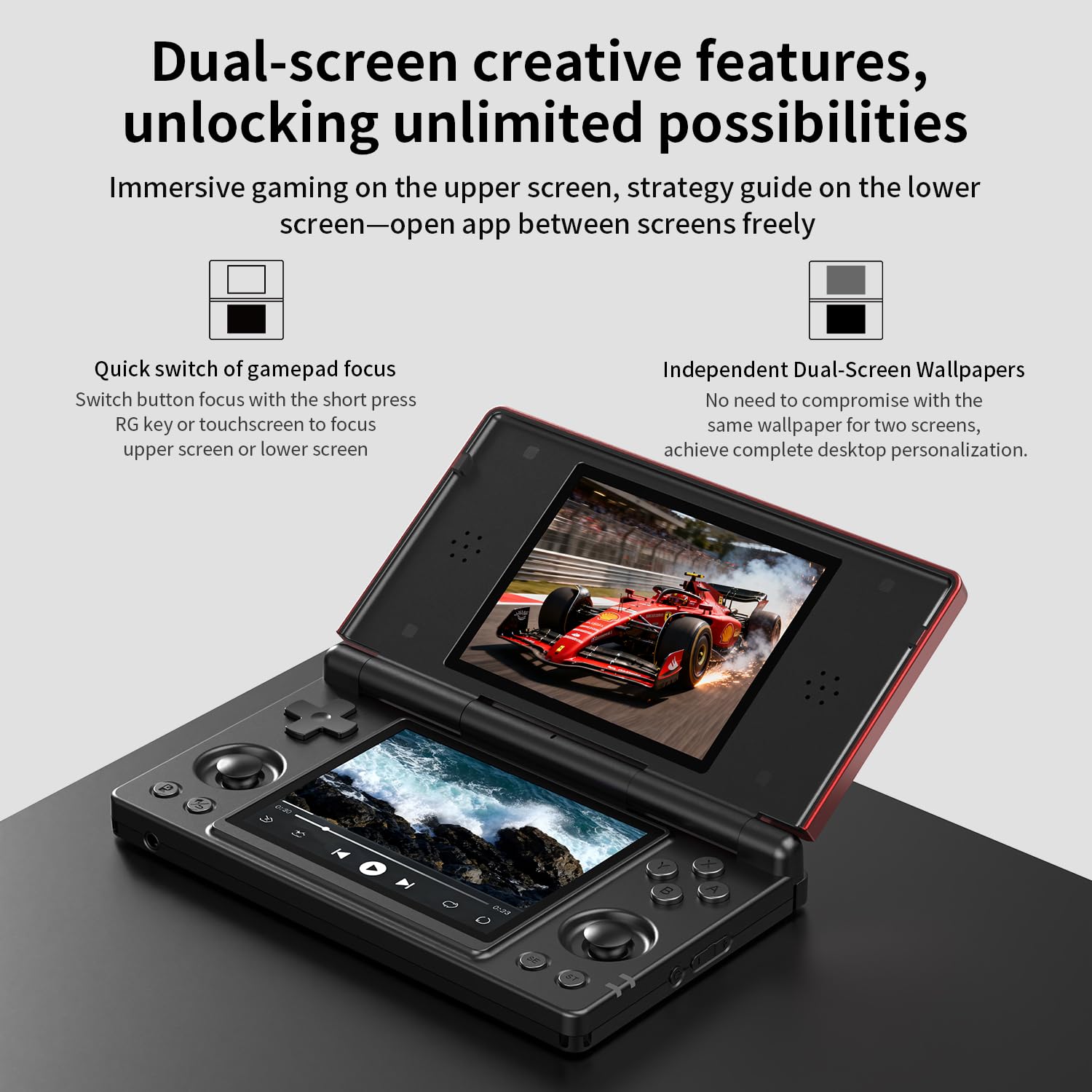 RG DS Retro Handheld Spielkonsole, 4" IPS-Klappdisplay Zwei Bildschirmen Android 14 System Videospielkonsole mit Hall Switch & Stiftbedienung, Geschenk für Gaming Fans (RG DS-Rot-Schwarz-Neu)