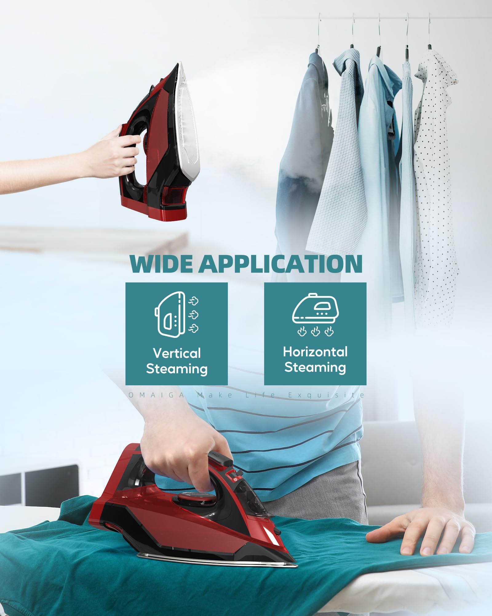 OMAIGA Cordless Steam Iron for Clothes, 1500W, Ceramic Soleplate, Red view 8