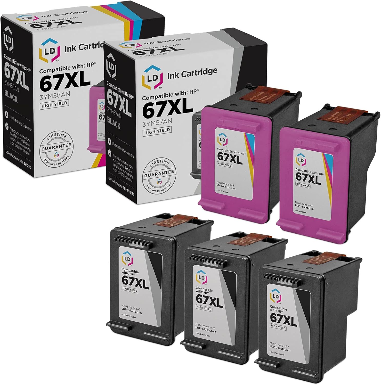 LD Products Remanufactured Cartridge Replacement for HP Ink 67XL 3YM57AN High Yield (3 Black, 2 Color, 5-Pack) Compatible Printer DeskJet 1255, 2724, 2732, 2855e, 4155e, 4152, 4255e, 6058, and 6420