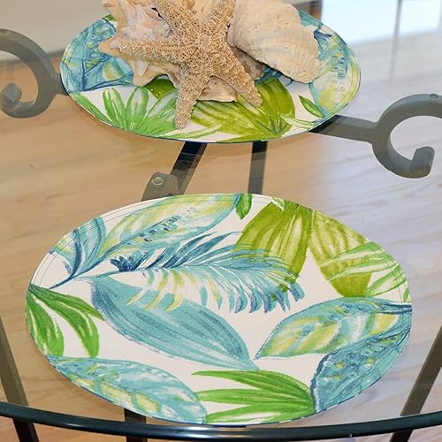 Miniatura 6 de Sweet Pea Linens Juego de dos manteles individuales rectangulares de tela para exteriores con concha azul y hojas tropicales