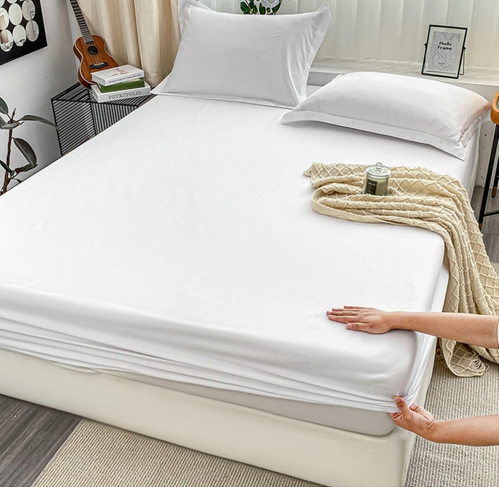 Betttuch Weiß mit 2er Kissenbezüge 60x120cm Set 3teilig Elastisch, Spannbettlaken Einfarbig, Textilien Polyester Bett Laken Bezug für Boxspringbett & Wasserbett