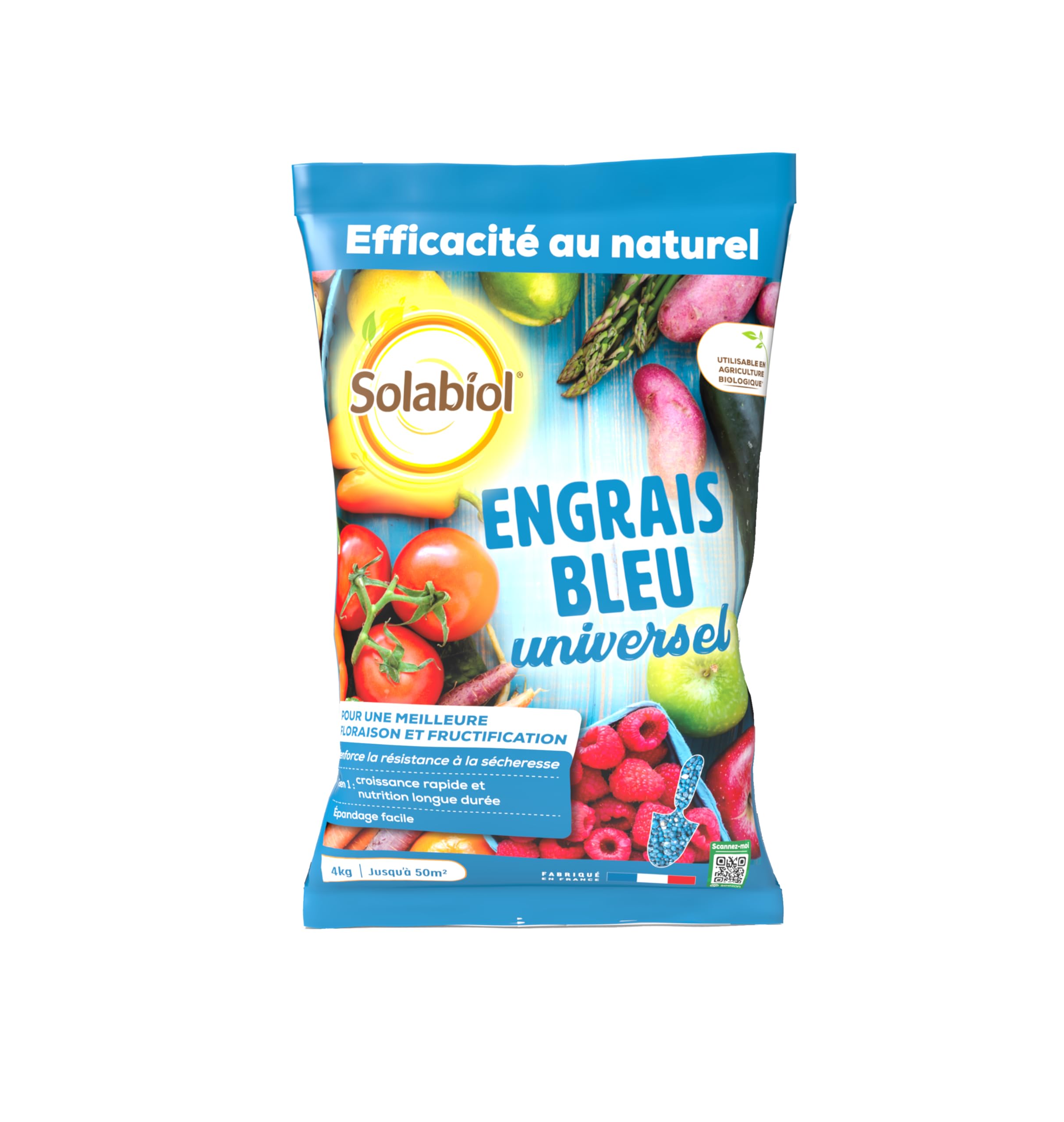 SOLABIOL Engrais Bleu Universel - 4Kg - Jusqu'à 50m² - Croissance Rapide & Nutrition Longue Durée - Renforce La Résistance A La Sécheresse - Utilisable En Agriculture Biologique SOBLEU4