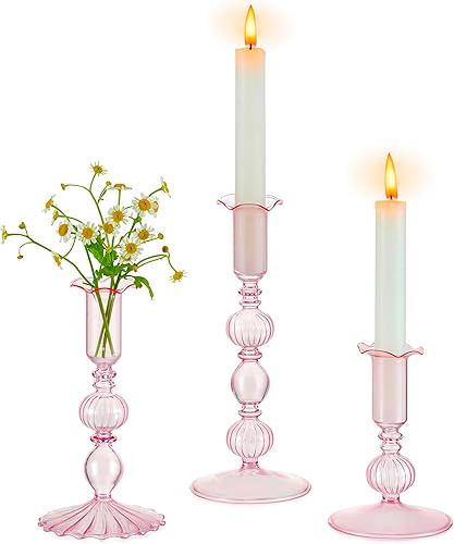 Glasseam Candelabros cónicos rosados juego de 3 candelabros de cristal decorativos con Bobeche modernos candelabros cónicos acanalados para centro