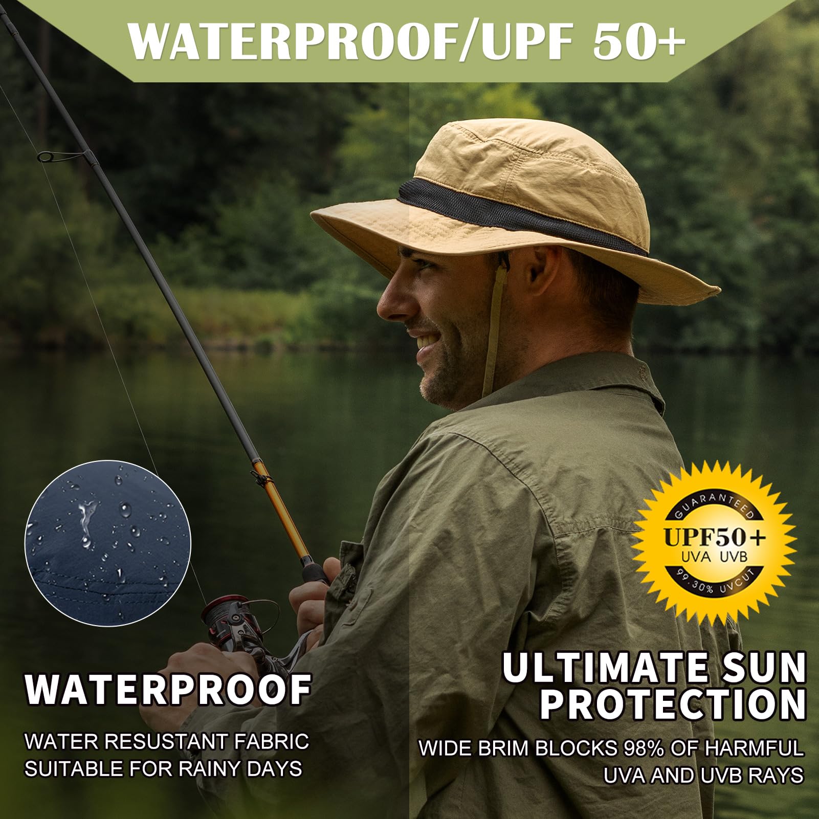 TOP-EX Sombrero de malla impermeable UV 50 de gran tamaño XL XXL para hombre, plegable, para playa, senderismo, pesca