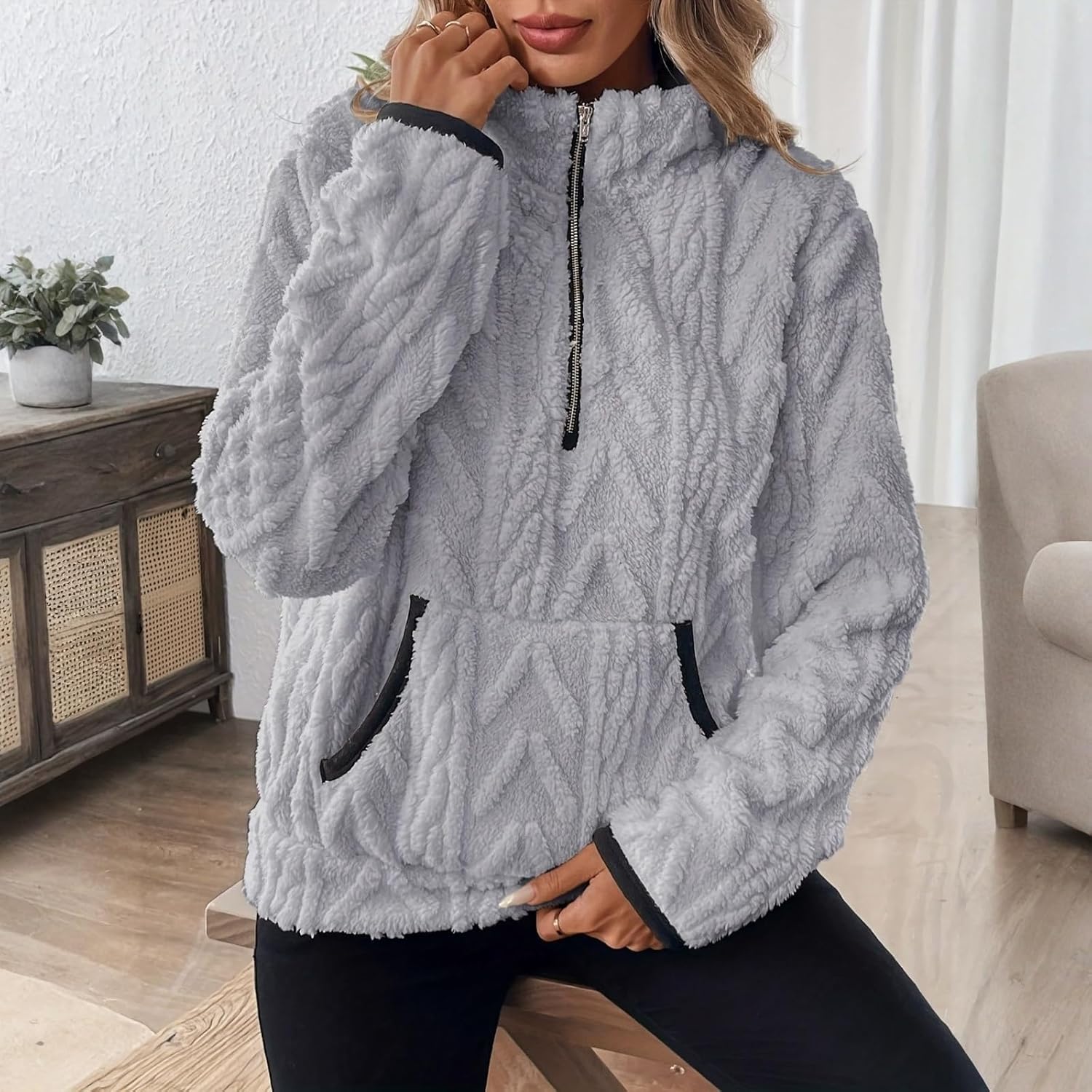 Quarter Zip Pullover Women Cable Fuzzy Fleece Pullover Sherpa Fall Warm Oversized 3/4 Zip Sweatshirt with Pocket - Image 3