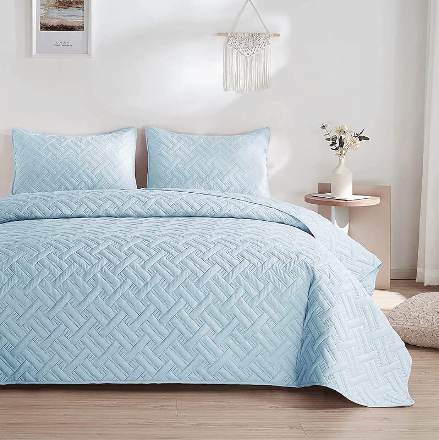 VAS COLLECTIONS 100% Cotton Luxury Ultrasonic Embossed Solid Lightweight Microfiber Basket Pattern Bedspreads/Quilted Bed Cover for All Season with 2 Pillow Case King Size - 90x100 inches - Silver-image-23