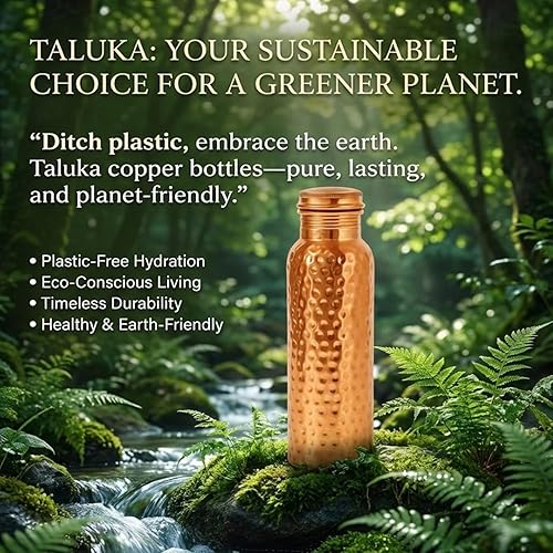 Miniatura 2 de Taluka Botella de agua martillada de cobre puro de 34 onzas/33.8 fl oz con popote de cobre a prueba de fugas, recipiente para beber Ayurveda