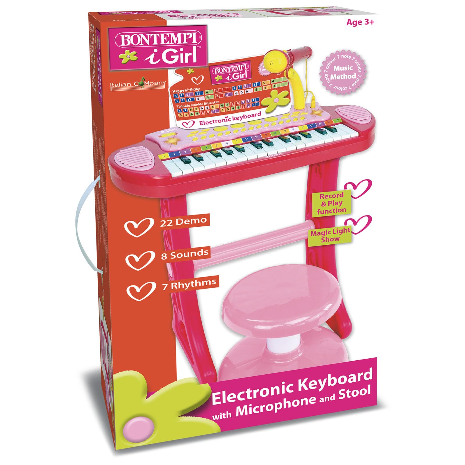 Bontempi 13 3671 keyboard elektroniczny z 31 przyciskami, w zestawie mikrofon i taboret, brzoskwiniowy