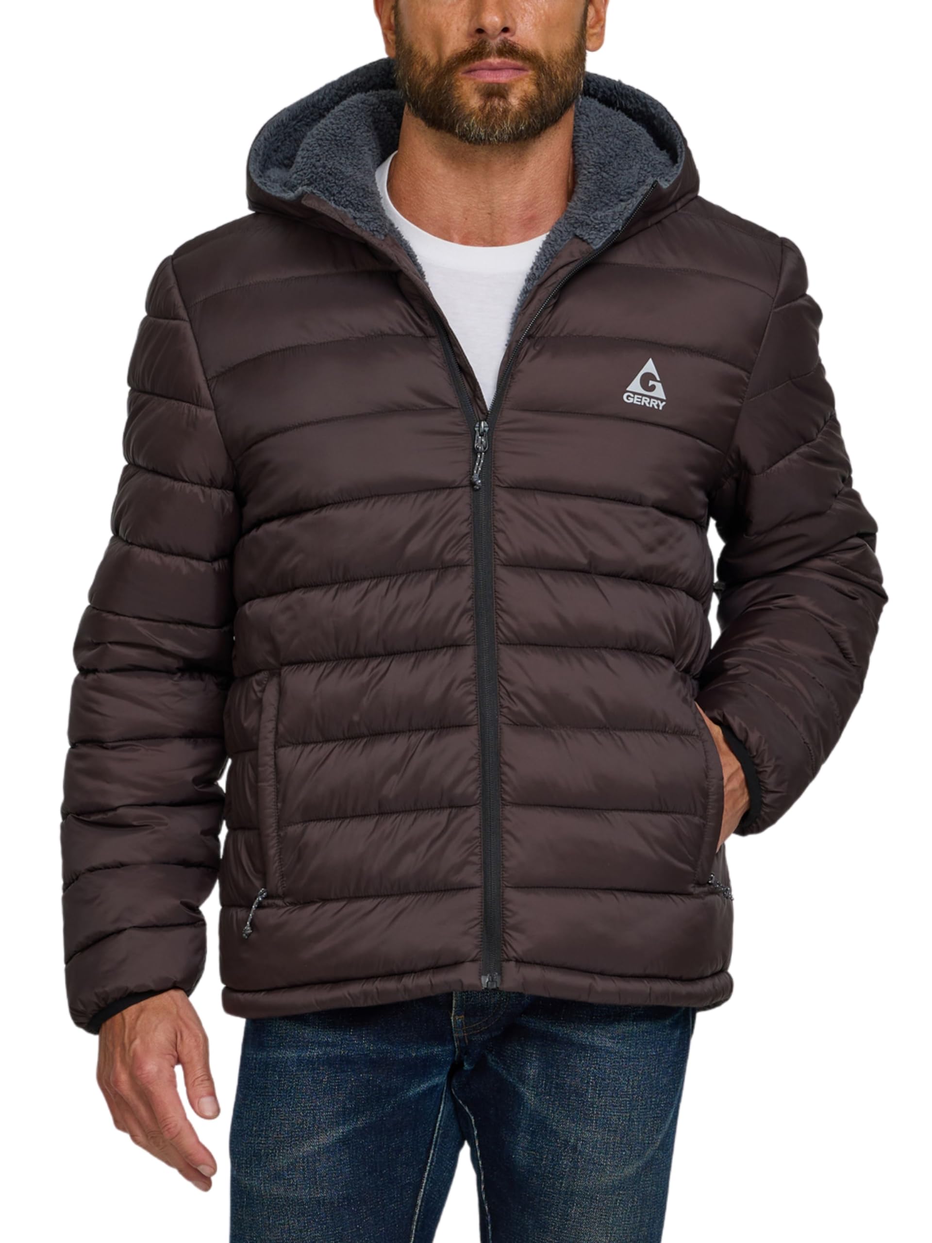 gerry puffer jacket men with sherpa lining and hood – warm winter coat for men, quilted insulated snow jacket outerwear