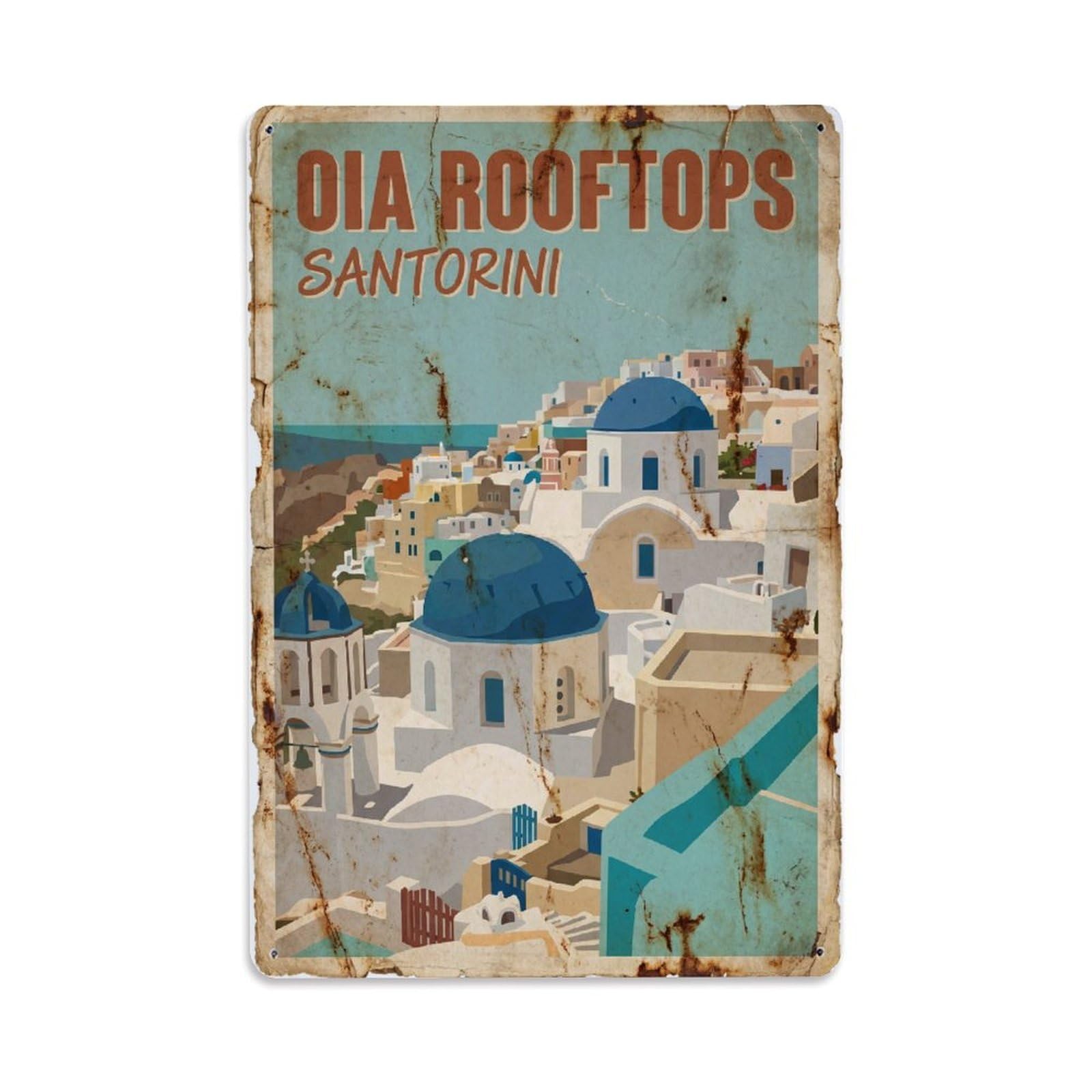 Vintage Travel Oia Santorini Rooftops Metal Tin Sign