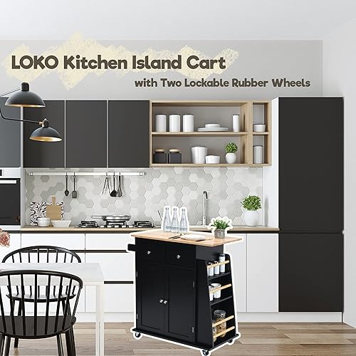 Miniatura 3 de LOKO Kitchen Island, carrito de almacenamiento de cocina con 3 niveles para especias y toallero, carrito de microondas con ruedas y mesa de madera