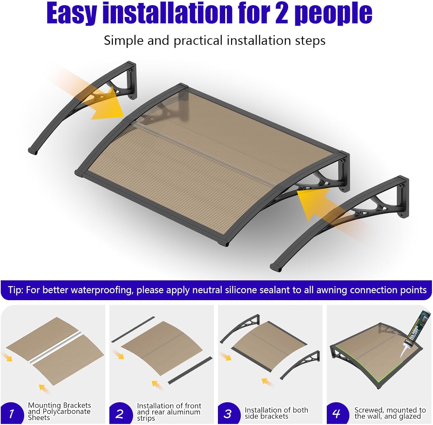 32x48'' Door Awning Exterior, Window Canopy for Front Door, UPF 50+ Polycarbonate Overhang Cover for Patio, Porch, Entryway, UV Rain & Snow Protection