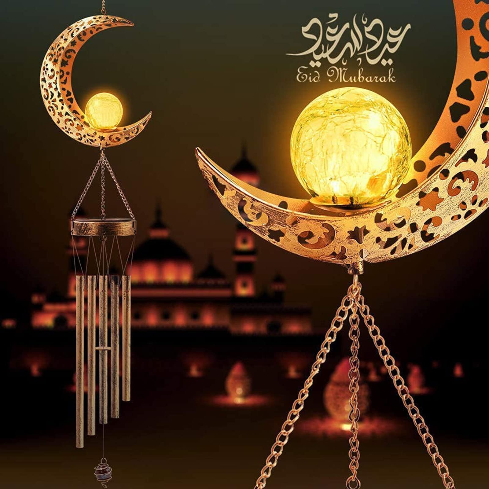 Moon Solar Wind Chime Outdoor, Ramadan Decoration Mobile Solar Outdoor Hanging Lights for Garden, Porch, Deck, Garden Decorations Mother's Day, Valentine's Day, Thanksgiving Gifts