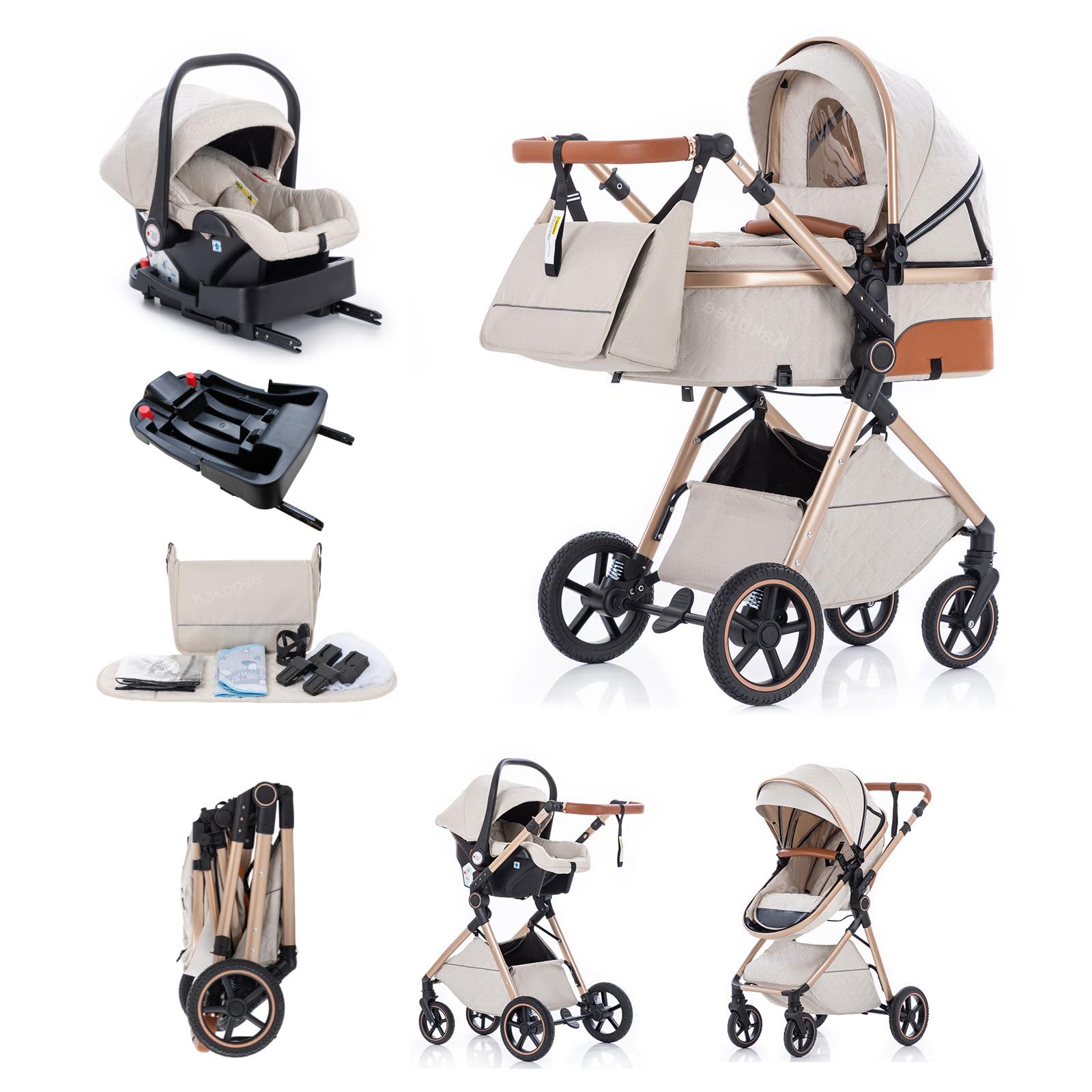 Cochecito 3 en 1 con Silla de Coche, Carrito bebé Plegable, Manillar 7 Alturas, Suspensión 4 Ruedas, Funda de Lluvia y Mosquitera, Sistema de Viaje para Recién Nacidos 0-3 Años (15kg), Beige