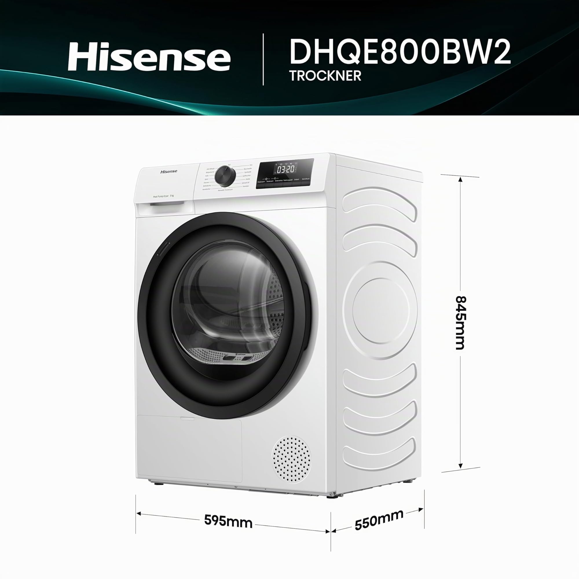 Hisense DHQE800BW2 Wäschetrockner 8KG Kondensation Wärmepumpe 15 Programme Feuchtesensor Anti Crease TwinAir Energieeffizienzklasse D Weiß