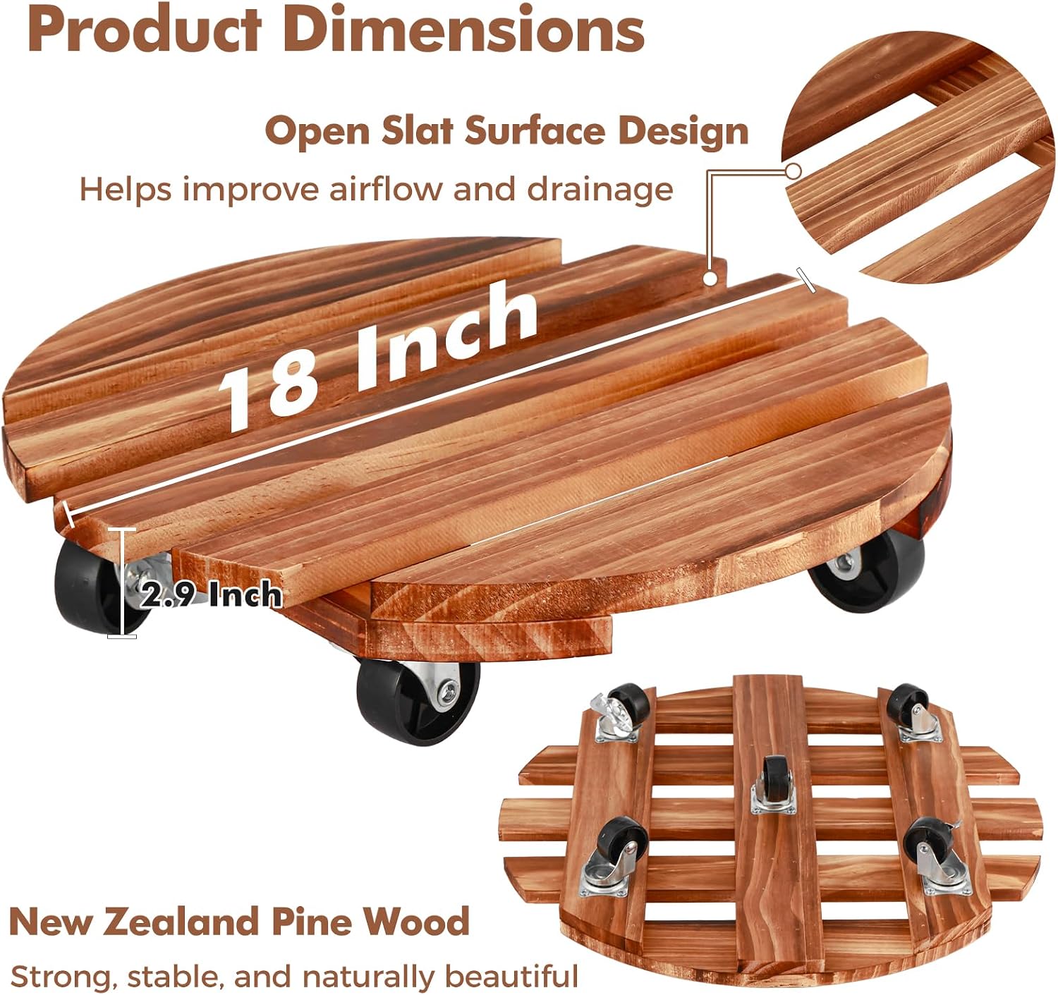 18 Inch Plant Caddy with Wheels, 6 Pack Rolling Plant Stand Rollers with Casters Wooden Plant Dolly with Wheels Heavy Duty Large Rolling Planter Base for Indoor & Outdoor Plants Wood Flower Stand