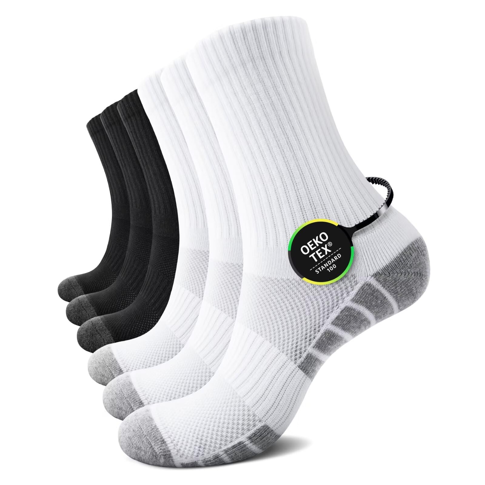 TUUHAW Socken Herren Damen Tennissocken Sportsocken Baumwolle Crew 6 Paar | Laufsocken, Schwarz Weiß Grau, Atmungsaktive Netz, Frottee Gepolstert, Verstärkt Ferse Zehen, für Gym Golf Wander, Bequem