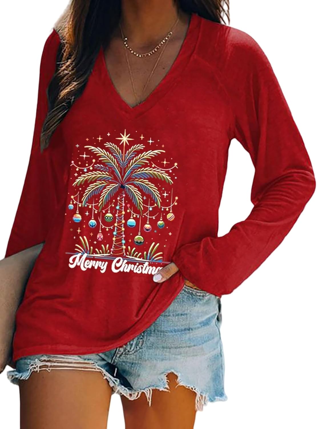 Christmas Palm Tree Shirt for Women Hawaiian Beach Tropical Christmas Palm Tree Shirts Xmas Holiday Long Sleeve Tshirt