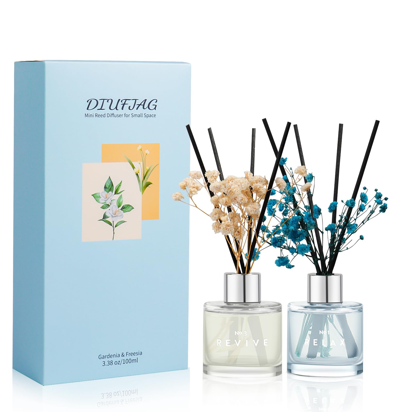 Jasmine White Tea Gardenia Bathroom Diffuser, 3.4 oz Reed Diffuser with Dried Flower for Small Place, Last up to 60 Days