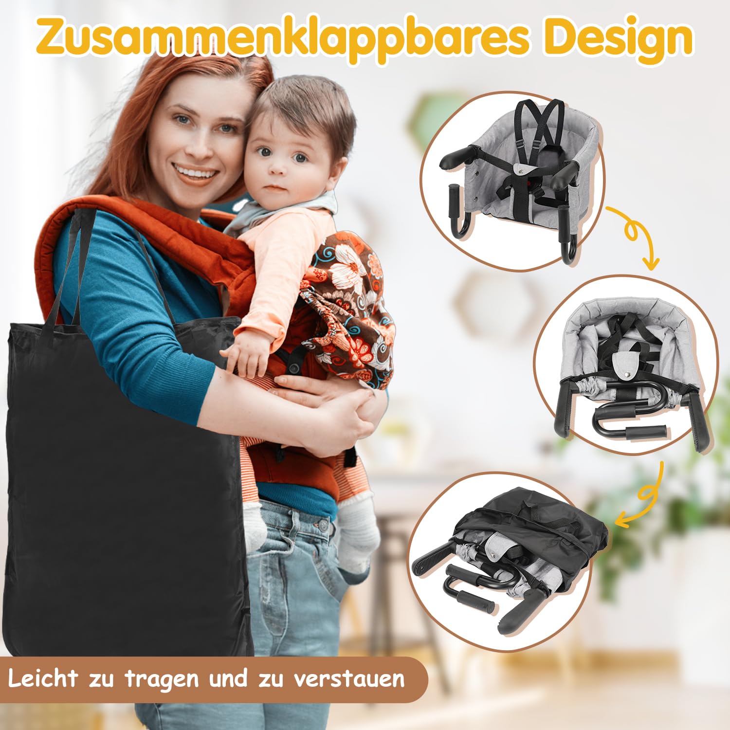 Tischsitz Baby, Faltbarer Kindersitz, mit Tragetasche | für zu Hause und unterwegs, Belastbarkeit 18kg, Grau