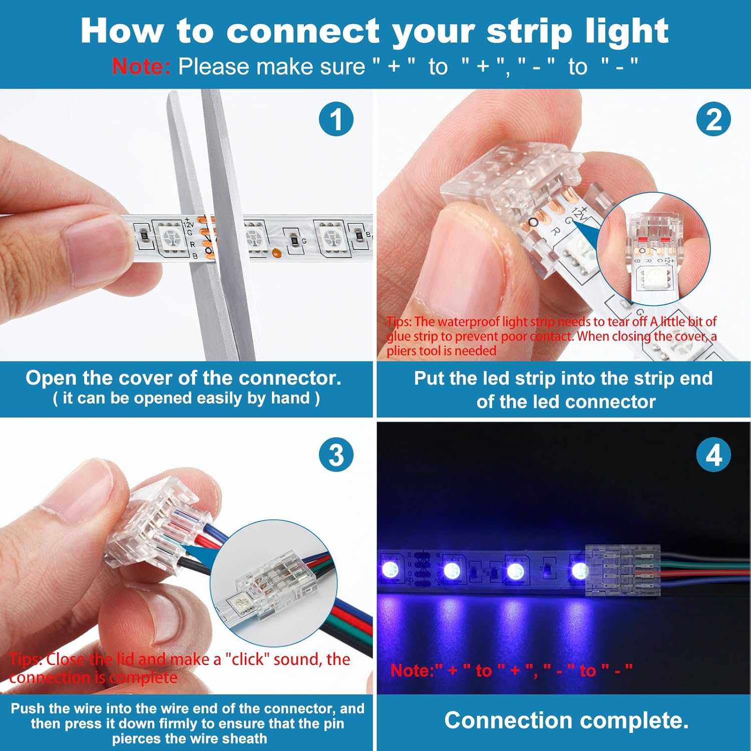 20-Pack 4 Pin 10mm LED Strip Connectors for 10mm Waterproof or Non-Waterproof SMD RGB 5050/3528 LED Strip Lights, Solderless Quick Strip to Wire Connector 5V-36V 5.5A