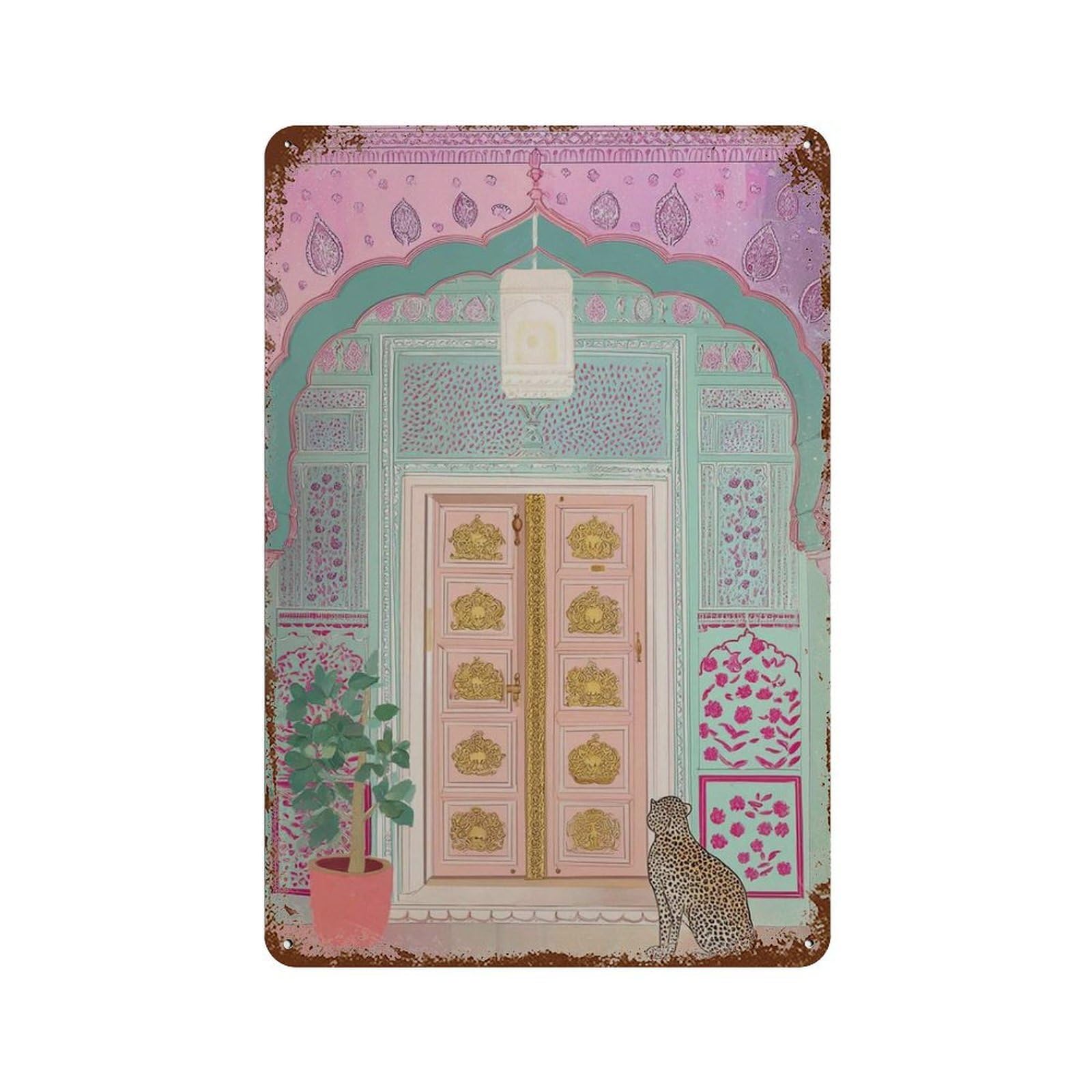 xiaoxiaoshen Jaipur Doorway Indian Palace Boho Exotic Pink And Teal Architecture Painting Roy Wall Decor Art Metal Tin Poster Modern Home Decor Art Home Bar Shop Decorations Vintage Sign 30x20cm