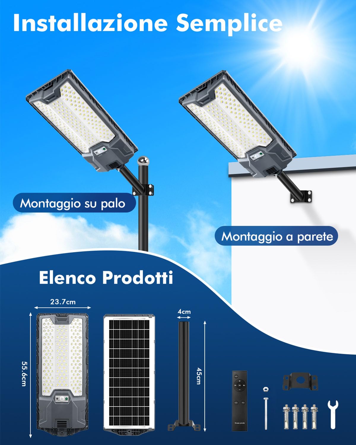 Sararoom Lampione Solare da Esterno 600W, Faro Led con Sensore di Movimento, 6500K Luce Stradale, IP65 Impermeabile Luci di sicurezza con Pannello Solari per Giardino,Strada,Garage,Parcheggio,Cortile