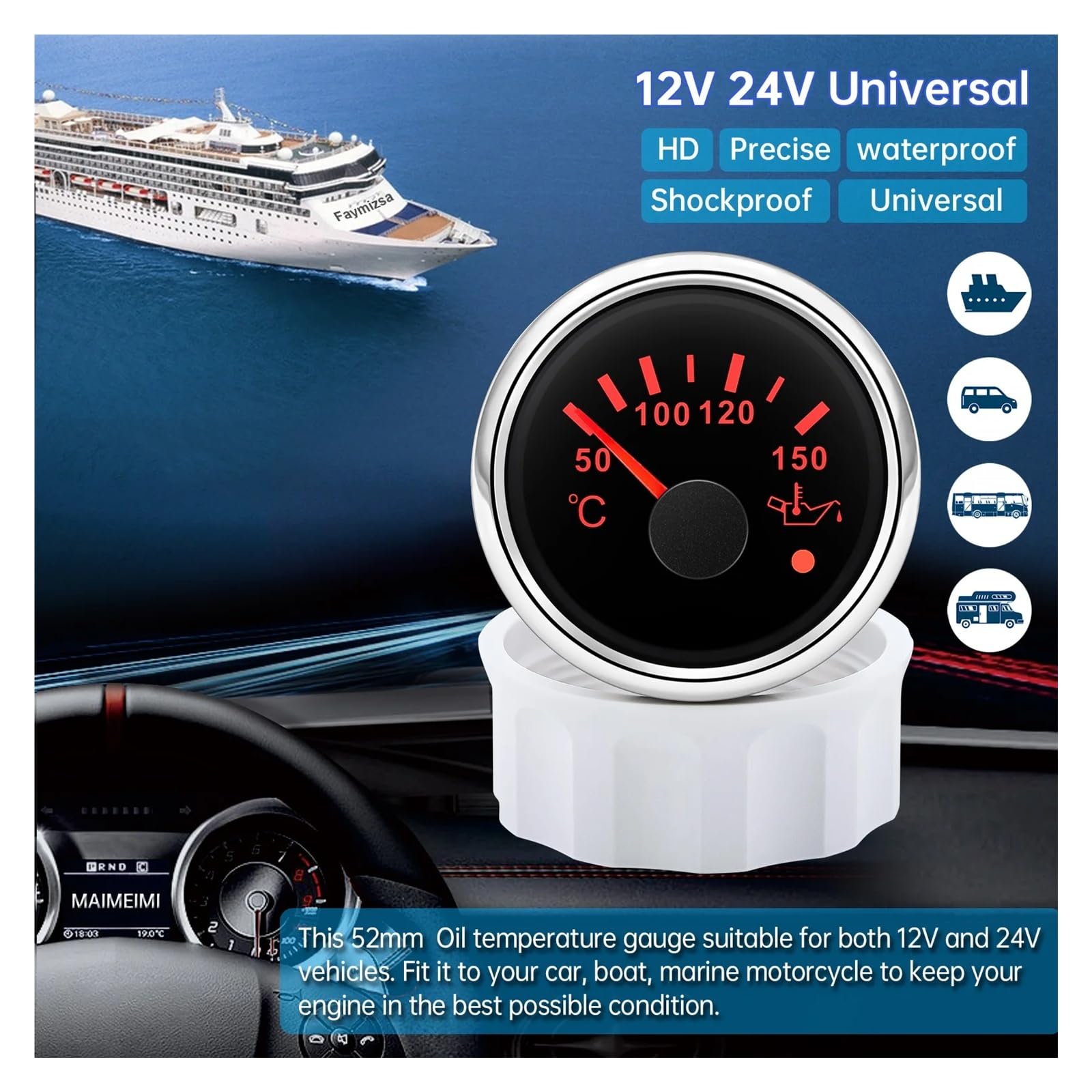 Medidor de temperatura de aceite Universal for coche de 52mm con alarma, indicador de temperatura de aceite de 50~150 ℃, luz trasera roja for yate de barco 12V24V Lectura clara(WS Gauge)
