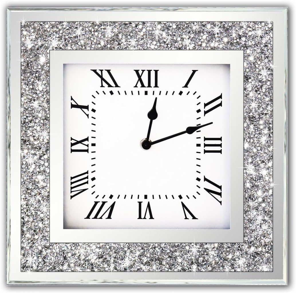 DMDFIRST Crystal Crush Diamond Mirrored Square Wall Clock with Sparkle Twinkle Bling Decor for Decoration, 16x16 inch Decorative Silver Mirror Quartz Home Decor. AA Battery not Included Bling Silver