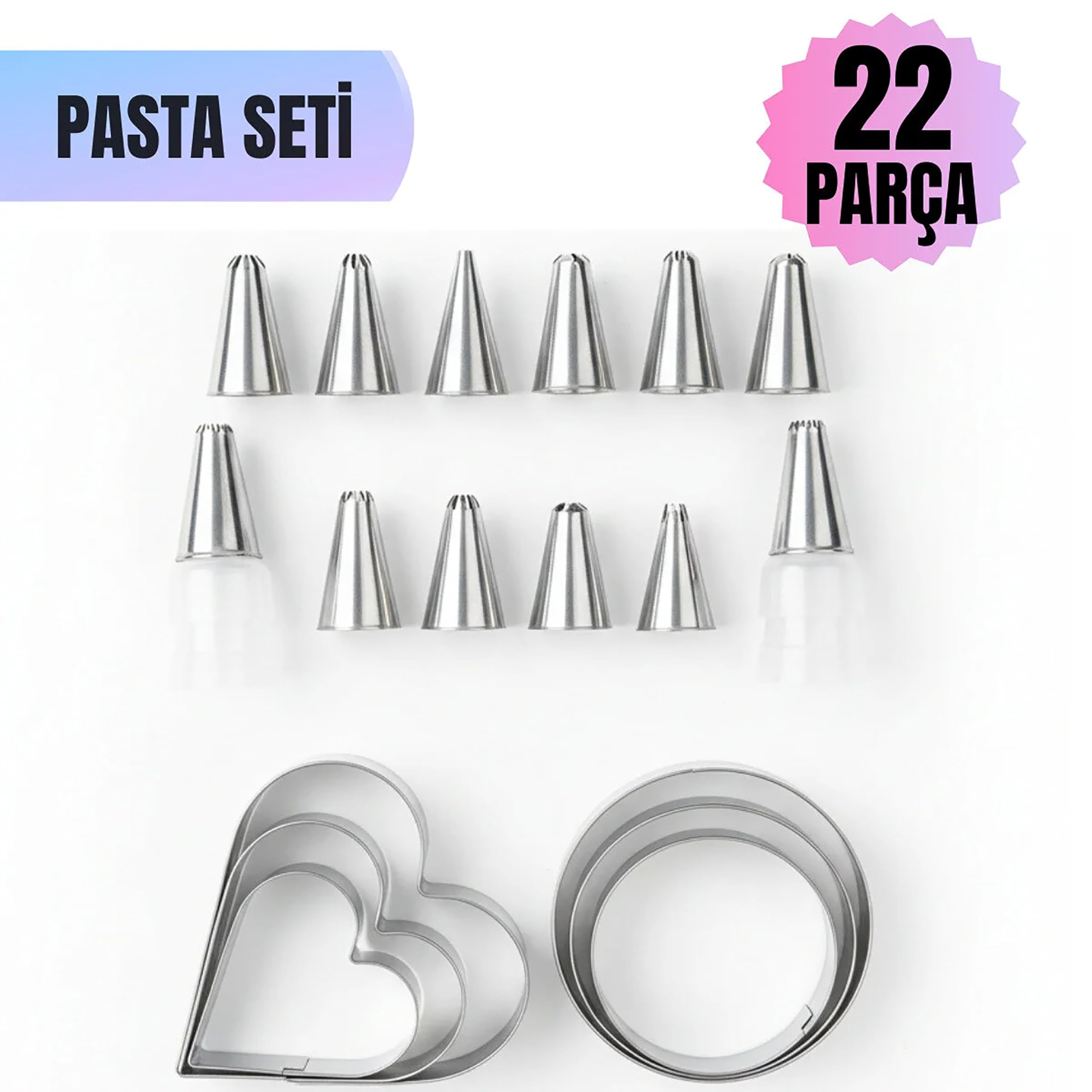 Promosyonca 22 Parça Paslanmaz Çelik Kurabiye Kalıpları Seti, Yıldız Uçlu Sıkma Torba Başlıkları ve Kalp Yuvarlak Şekil Kalıpları, 3-3.5 cm ve 7 cm