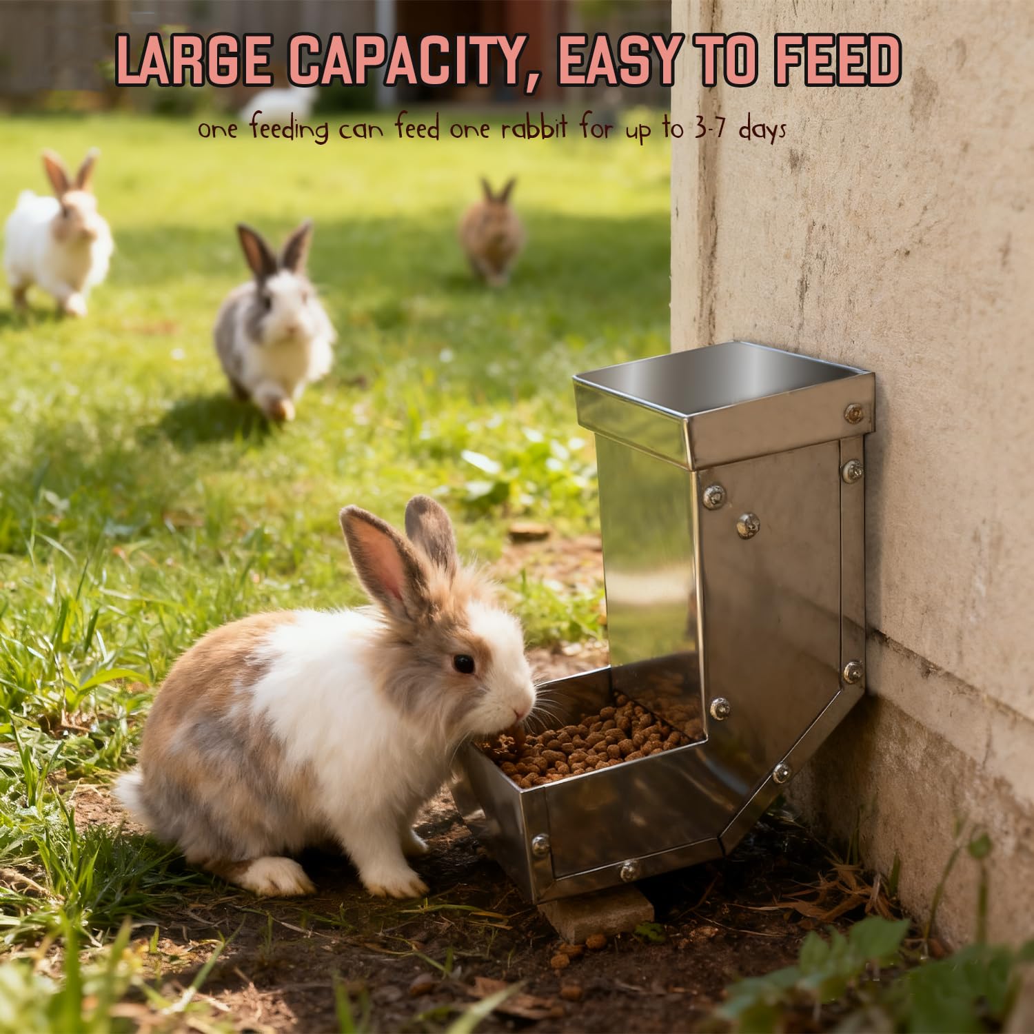 Outdoor Small Animal Stainless Steel Gravity Feeding Trough Pet Feeder Durable with Lid Cage Rabbit Feeder Holds Several Days Worth of Food (4 Inch