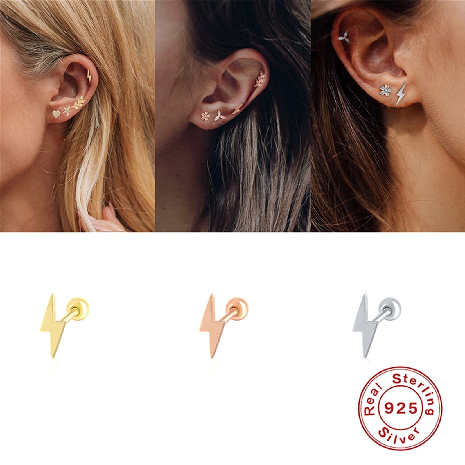 YCTTKDD 2 szt. Kolczyki do piercingu prawdziwe 925 srebro Bling cyrkon kolczyk na chrząstkę dla kobiet kość ucha przebita klamra yc628 (kolor klejnotu: 7 złoty kolor)