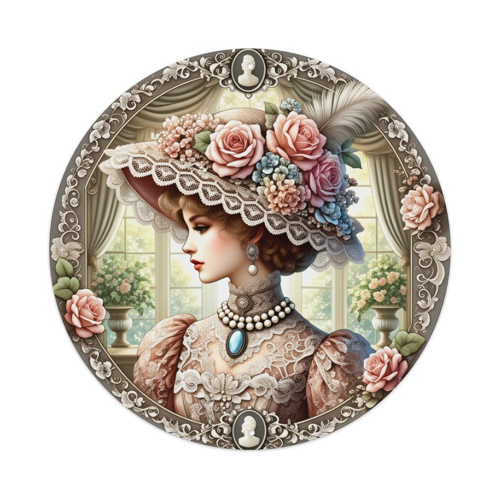 Floral Lace Vintage Portrait Round Tin Sign Retro Metal Sign for Cafe Bar Pub Home Game Room Gym Club Wall Decoration Vintage Metal Poster 8x8 Inch