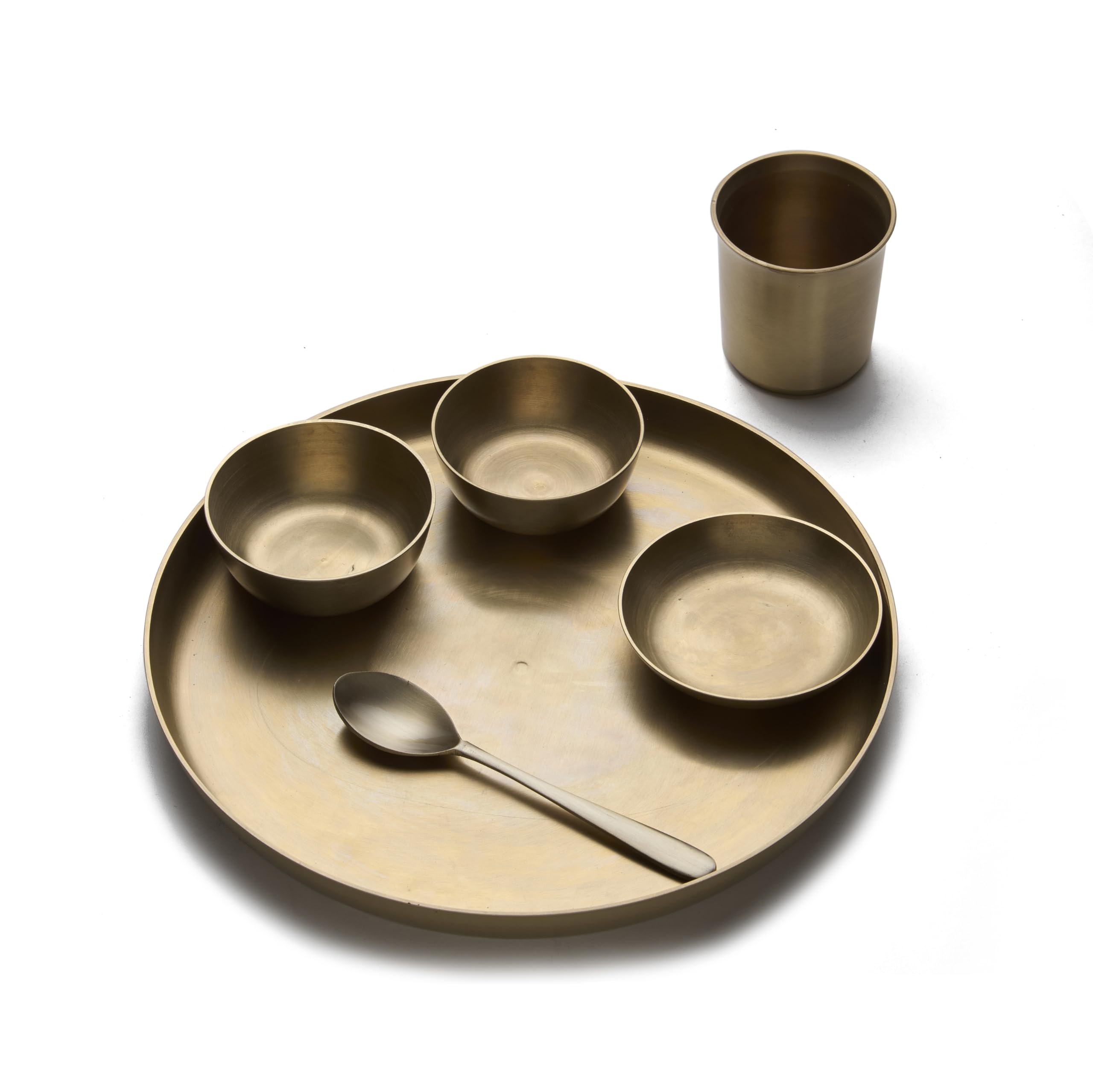 KLEO Kansa - Juego de 6 platos Thali de bronce | 1 plato, 2 cuencos, 1 vaso, 1 cuchara y 1 plato dulce | Juego de utensilios de bronce para auténtica colección de comedor indio, vajilla de metal