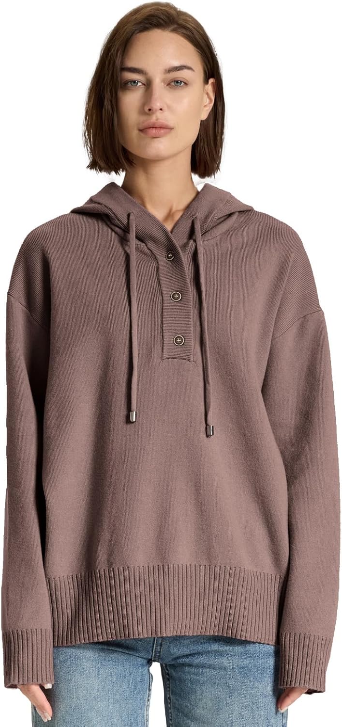 Womens Sweaters Soft Knit Pullover Henley Neck Long Sleeve Drawstring Button Front Casual Trendy Hoodies - Image 8