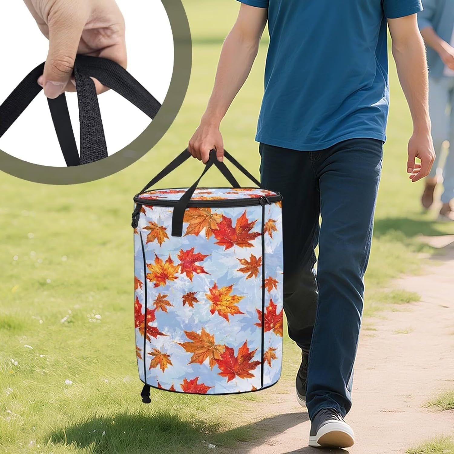 LedBack Camping Trash Can Reusable Yard Waste Bags for Outdoor Maple Leaf Blue Tie Dye Print Foldable Trash Can Reusable Storage Bag for Collecting Weeds, Grass Clippings