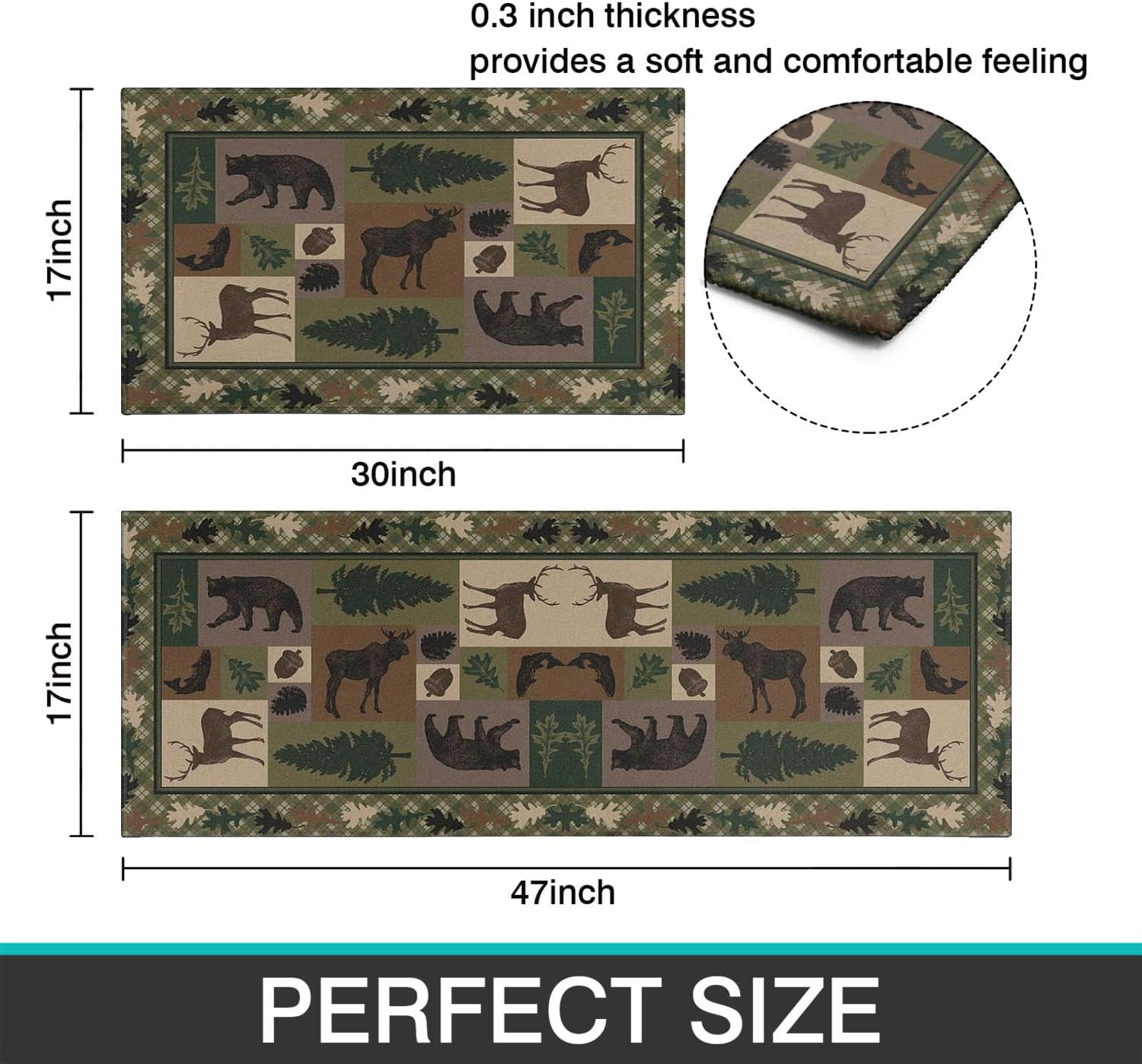 Faptoena Kitchen Rugs and Mats Sets of 2,Western Texas Wildlife Retreat Kitchen Decoration Non-Slip Absorbent Mats for Sink Waterproof Runner Rug for Laundry Room,17x30+17x48inch