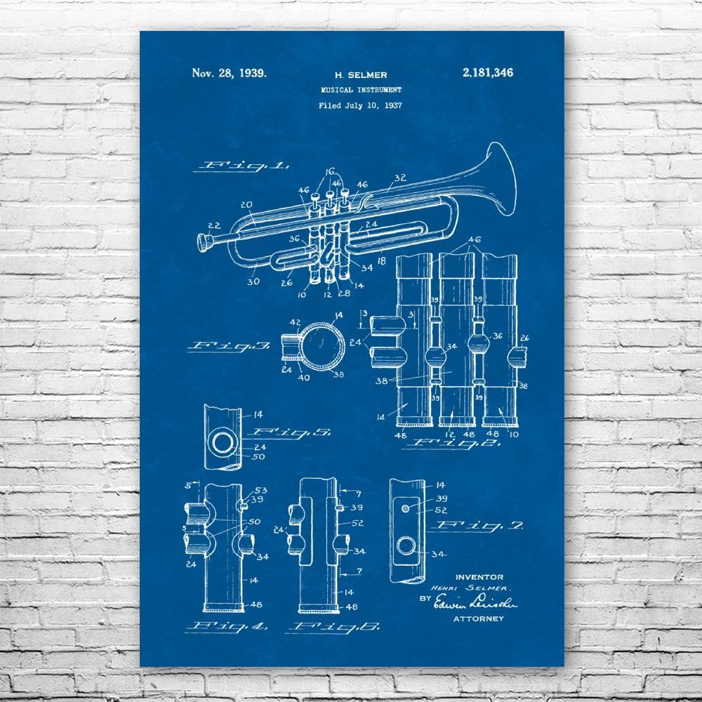 Trumpet Poster Print, Trumpet Design, Jazz Art, Music Class Decor, Music Teacher Gift, Trumpet Decor, Marching Band Gift Blueprint (13 inch x 19 inch)
