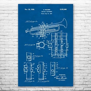 Trumpet Poster Print, Trumpet Design, Jazz Art, Music Class Decor, Music Teacher Gift, Trumpet Decor, Marching Band Gift Blueprint 11 inch x 14 inch
