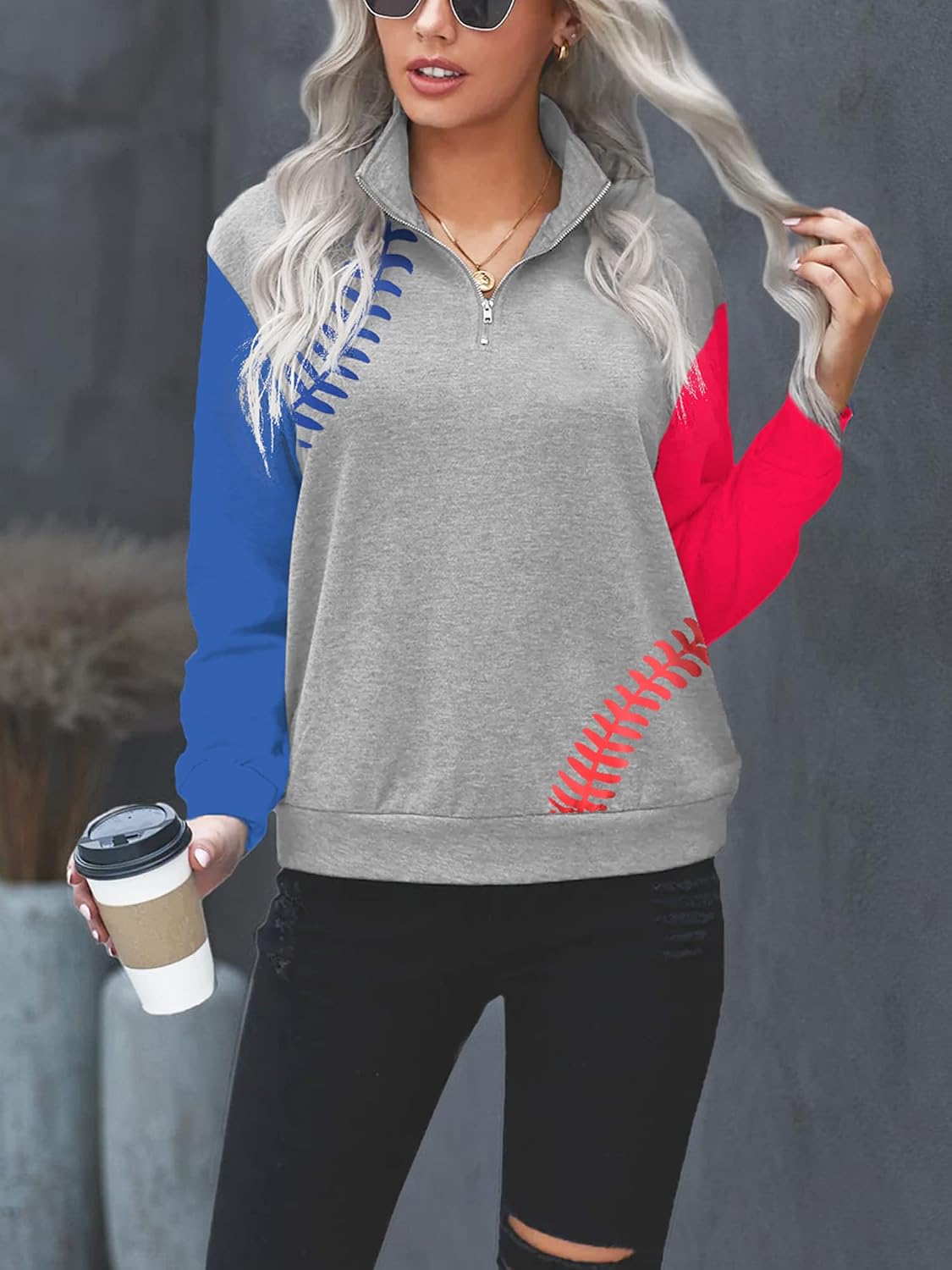 Anbech Baseball Shirt Women Casual Loose Game Day Quarter Zip Hoodie Soft Ball Long Sleeve Sweatshirt