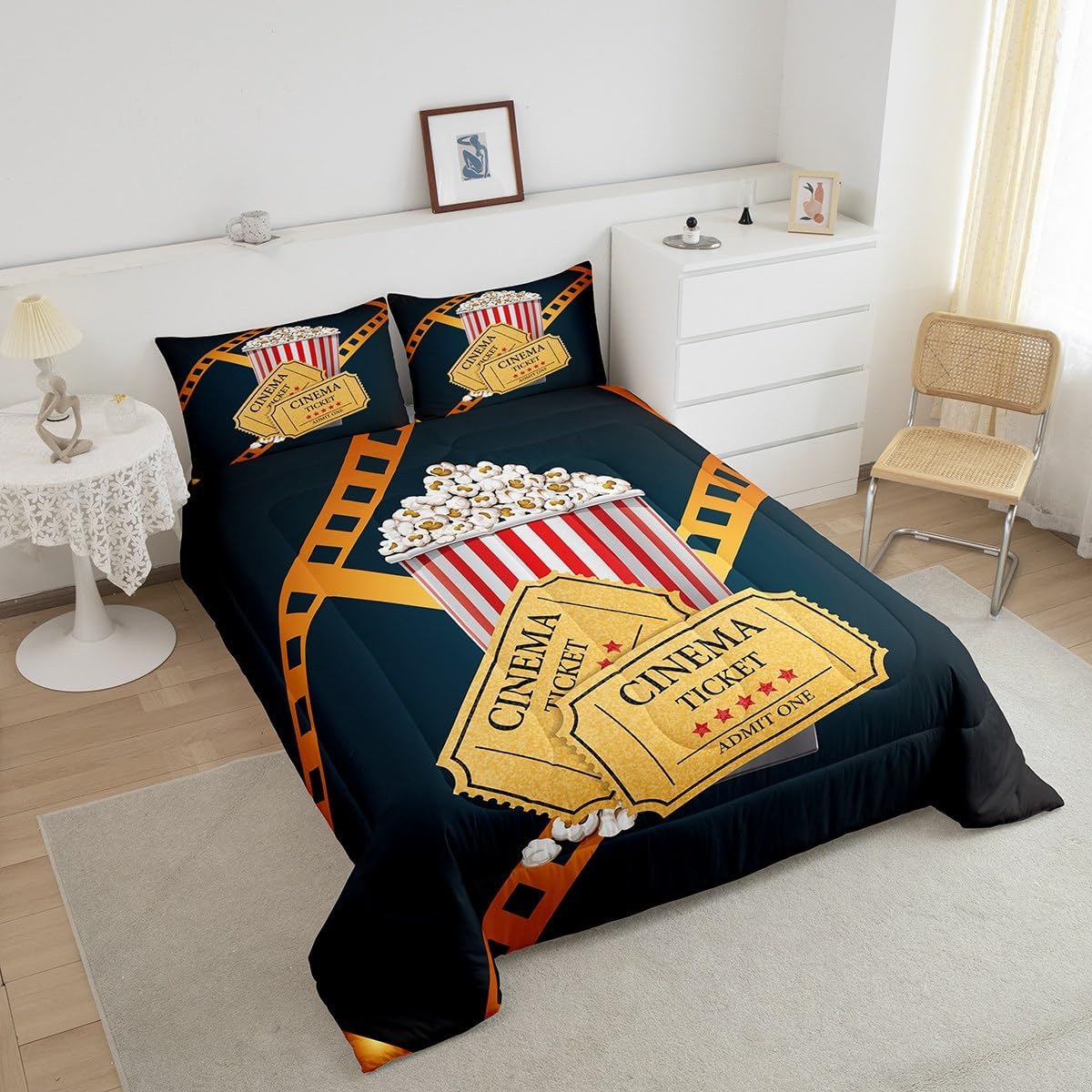 Erosebridal Retro Movie Comforter Set Twin Paper Cinema Ticket Bedding Set Movie Tv Show Theme Theater Popcorn Down Comforter Red White Striped Food Bedroom Decor Black Dark Blue Quilted Duvet