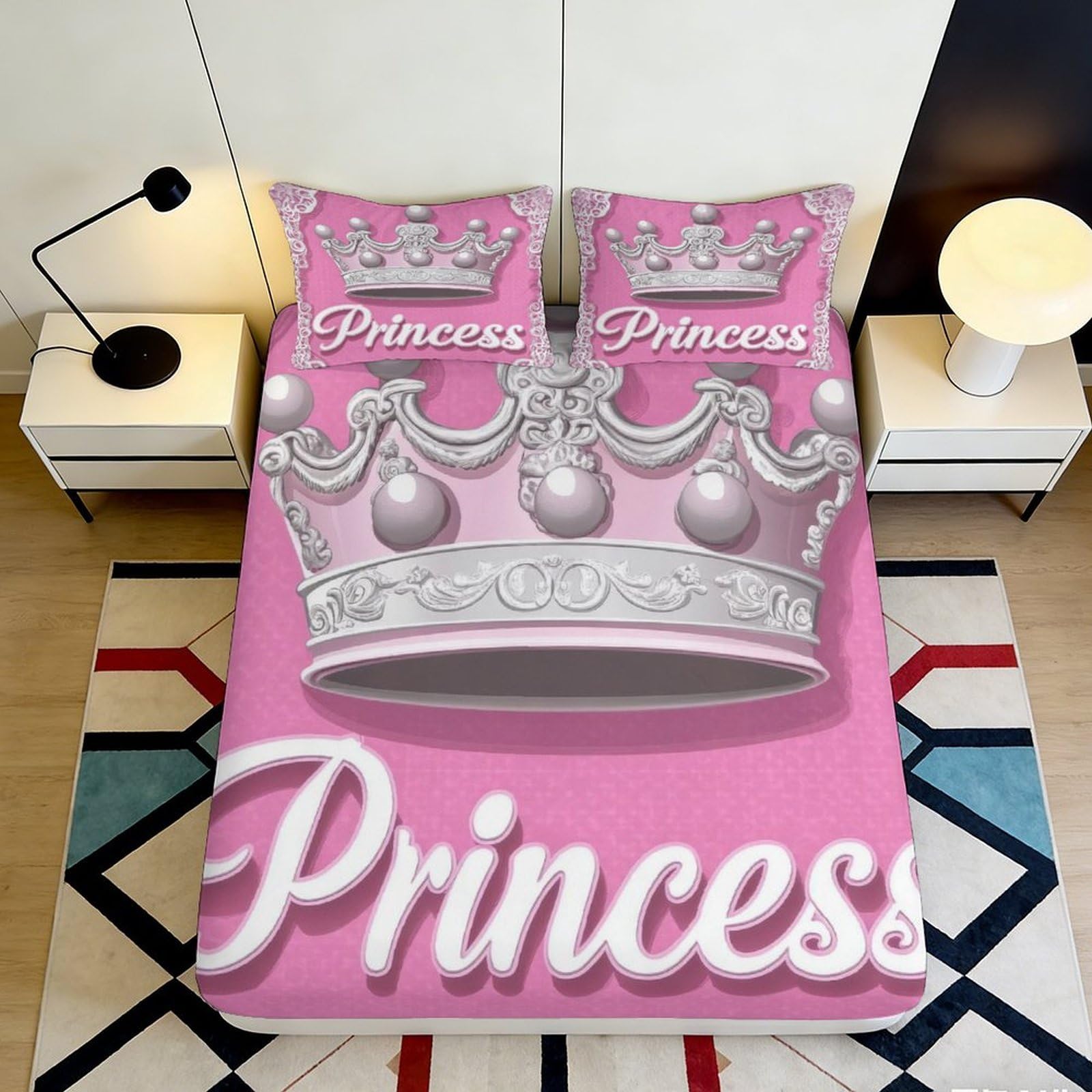 3D Printed Pink Princess Crown Fitted Sheet Microfiber Bedroom Decor Anti-Slip Mattress Cover for Home Guest Room 90x200x25cm