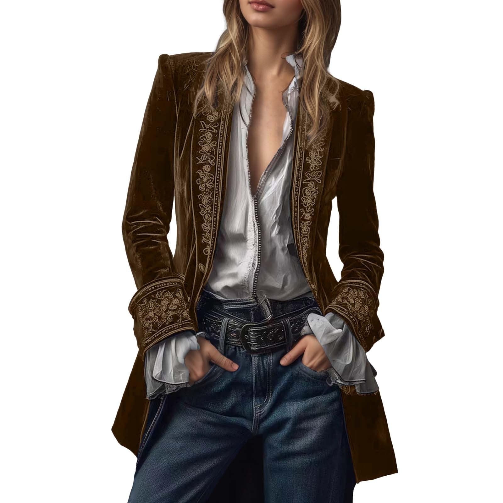 Generic Velvet Jacket Women's Vintage Long Embroidered Blazer Women Open Front Coat Gothic Steampunk Outerwear Solid Elegant Baggy Velvet Jacket Formal Carnival Costume Jacket, brown, XL — image 1