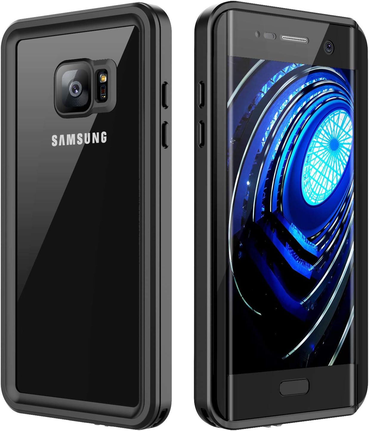 lanwow S7 Edge Waterproof Case Support Wireless Charging Built in Curved Screen Protector Rugged Shockproof Transparent Cover Waterproof Case for Samsung Galaxy S7 Edge (5.5inch)—Classic Black