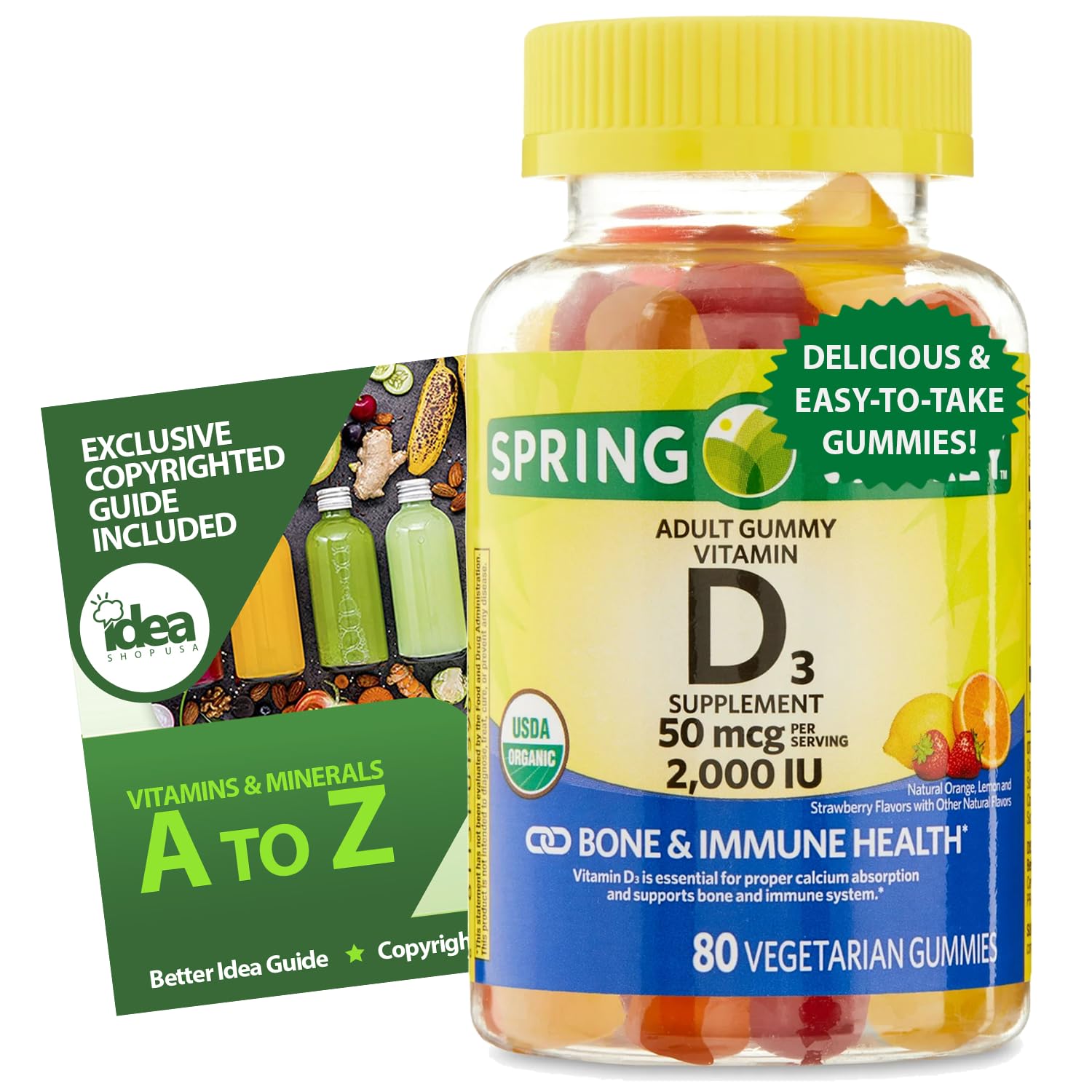 Gomas de Vitamina D3 2000 IU (50 mcg), 80 Contagem – Suporte à Saúde Óssea e Imune – Sabores de Frutas Sortidas, Vegetariano, Sem OGM, Suplemento Orgânico + Guia Melhor Ideia Incluso