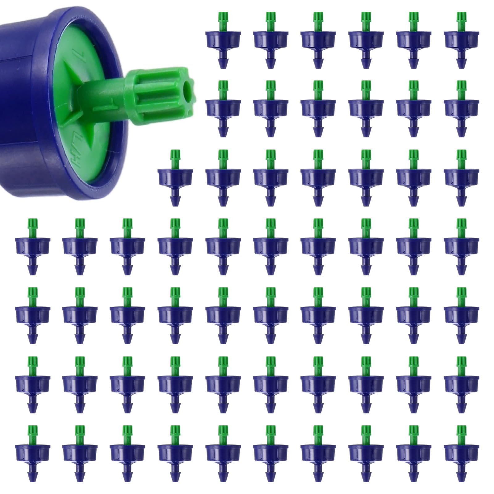 M METERXITY 60-Pack 0.26GPH Pressure Compensating Drippers, Blue+Green Drip Irrigation Emitters, Drip Sprinkler Heads for Garden, Lawn, Pots, Plant Irrigation Systems