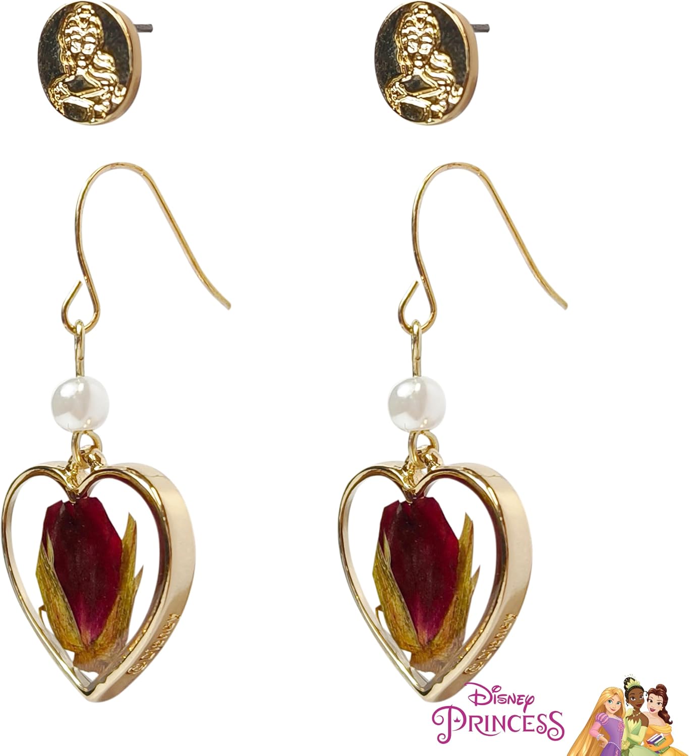 LUV HER Disney Belle Earrings Gift Sets - Heart-Shaped Drop Earrings with Pearl Accent & Belle Studs - Hypoallergenic Nickel-Free - Ideal Gifts for Girls' Parties, Costumes Ages 4+