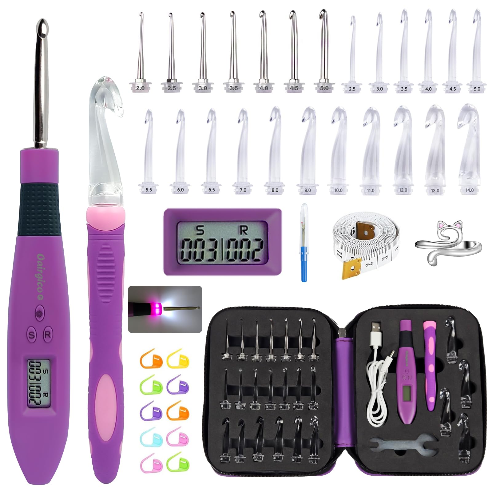Bybykoi 24-in-1 Light Up Digital Crochet Hook Set - 24 Interchangeable Hooks (2.0-14.0mm), LED Light, Row & Stitch Counter, Ergonomic Grip, Adults, Non-Foldable 24 Size with Light and Digital