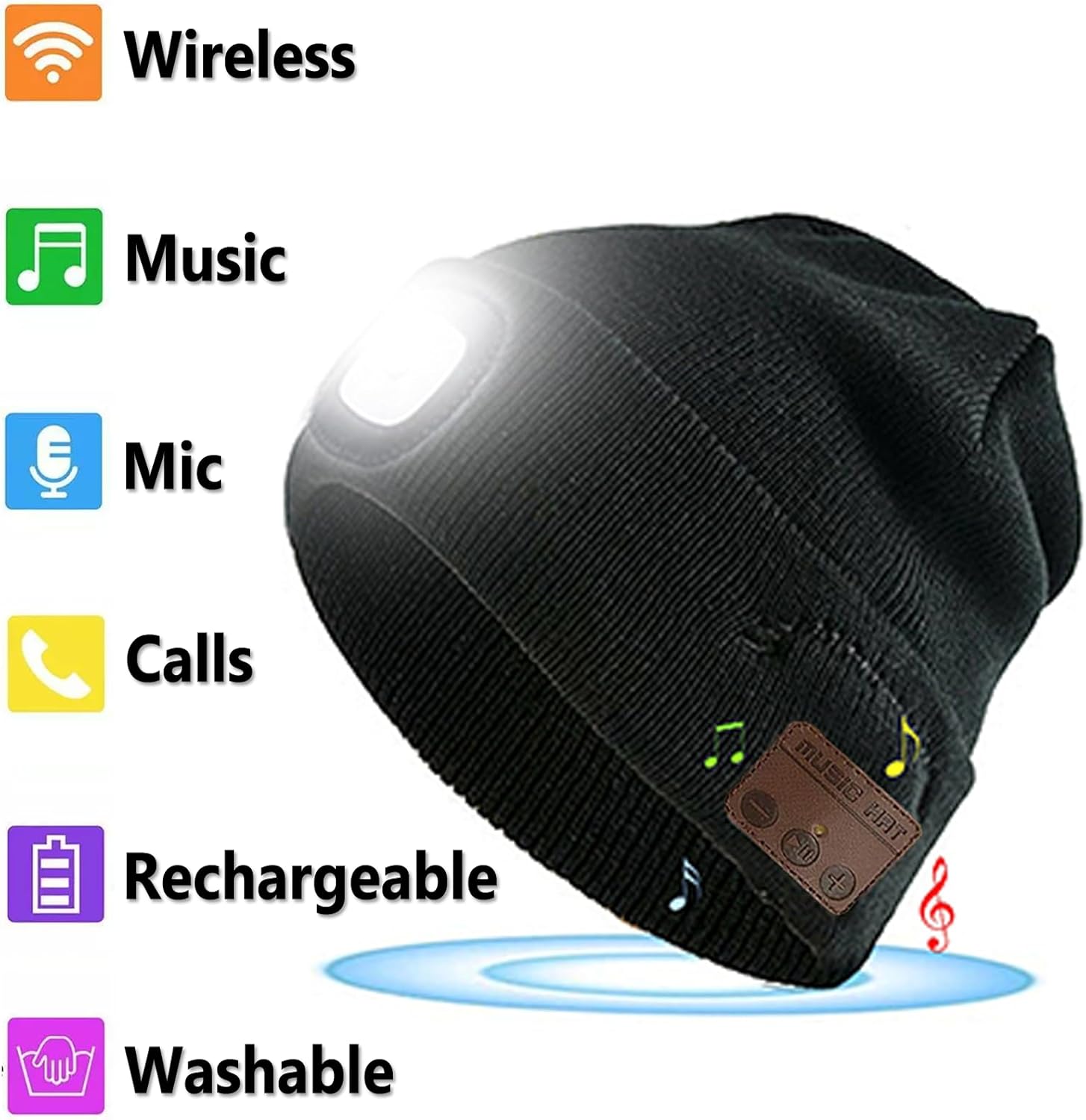 Wireless Music Beanie Hat with Light Unisex Musical Knitted Cap Beanie with Light Built-in Speakers Mic Headphone Beanie Hat Gifts for Men Women Running Camping Fishing - Image 5